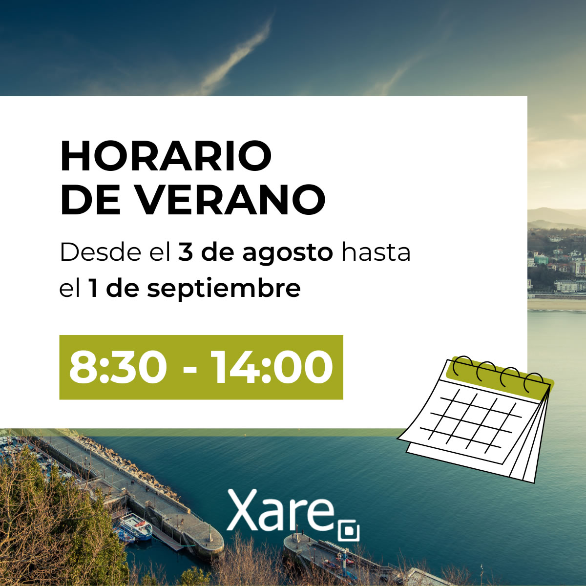 Horario de Xare Sistemas en agosto 2026